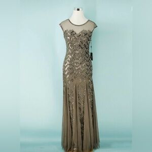 Adrianna Papell Size 2 Illusion Sleeveless Beaded Sequin Brown Grey Dress